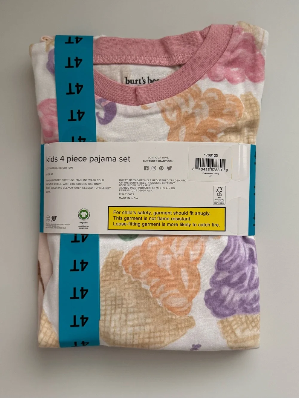 NWT Burt's Bees Kids 4 Piece Organic Cotton Pajama Set Horse & Ice Cream Size 4T